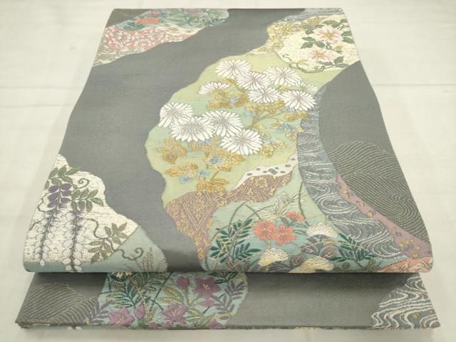 平和屋着物●六通柄袋帯 唐織 流水草花文 金銀糸 正絹 逸品 AABN4390pf