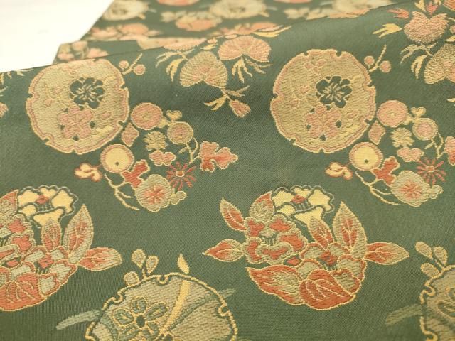 平和屋着物●名物裂一筋 西陣・あらいそ謹製 全通柄 本袋帯 雪輪草花文 正絹 逸品 AABN4397pf