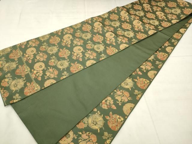 平和屋着物●名物裂一筋 西陣・あらいそ謹製 全通柄 本袋帯 雪輪草花文 正絹 逸品 AABN4397pf