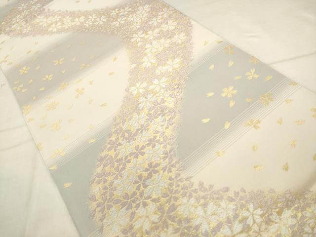 平和屋着物●両面六通柄 本袋帯 高野槇 小石丸 市松草花文 流水舞桜文 金銀糸 金銀糸 正絹 逸品 AABN4410pf