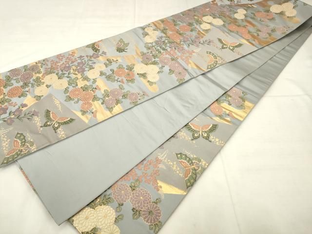 平和屋着物●ファッションデザイナー 花井幸子 六通柄袋帯 唐織 花蝶文 金糸 正絹 逸品 AABN4428pf