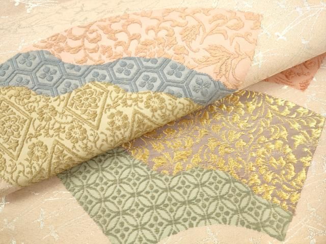 平和屋着物●六通柄袋帯 継紙綴 地紙重ね花文 銀糸 正絹 逸品 AABN4432pf