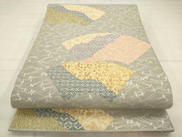 平和屋着物●六通柄袋帯 継紙綴 地紙重ね花文 金銀糸 正絹 逸品 AABN4436pf
