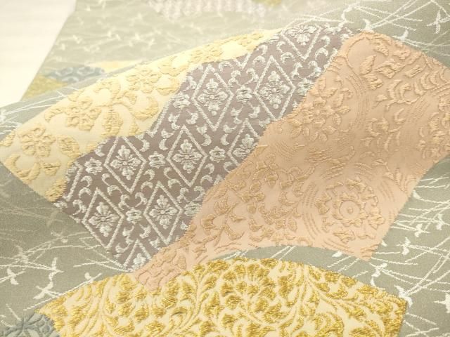 平和屋着物●六通柄袋帯 継紙綴 地紙重ね花文 金銀糸 正絹 逸品 AABN4436pf
