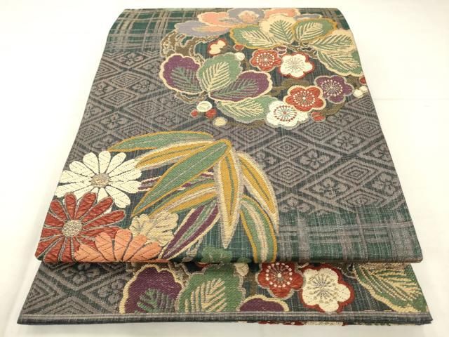 平和屋着物●ファッションデザイナー 花井幸子 六通柄袋帯 草花文 金糸 正絹 逸品 AABN4450pf