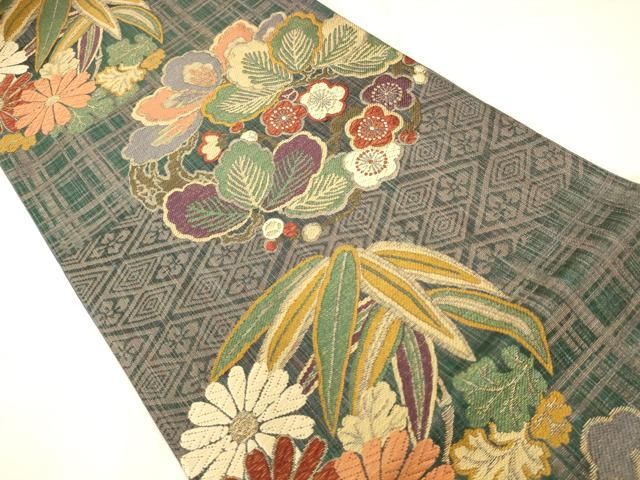 平和屋着物●ファッションデザイナー 花井幸子 六通柄袋帯 草花文 金糸 正絹 逸品 AABN4450pf