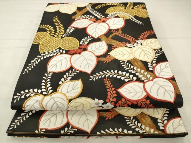 平和屋着物●六通柄袋帯 桐花文 黒地 金糸 正絹 逸品 AABN4460pf