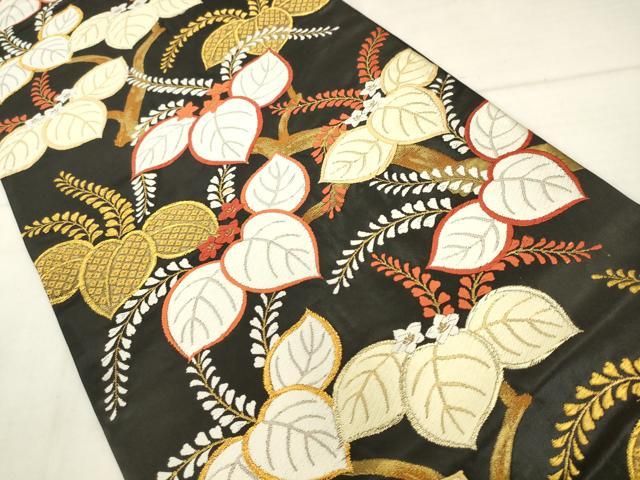 平和屋着物●六通柄袋帯 桐花文 黒地 金糸 正絹 逸品 AABN4460pf