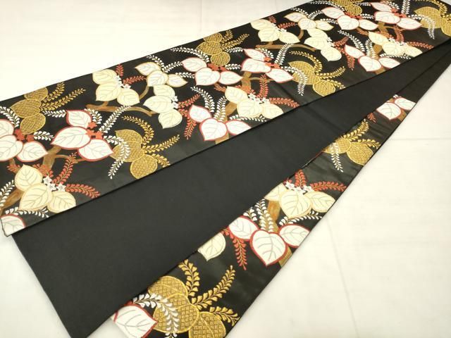 平和屋着物●六通柄袋帯 桐花文 黒地 金糸 正絹 逸品 AABN4460pf