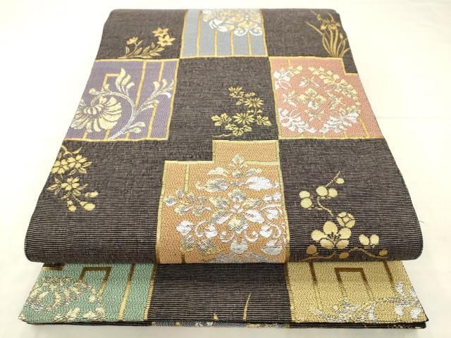 平和屋着物●六通柄袋帯 草花文 金銀糸 正絹 逸品 AABN4462pf
