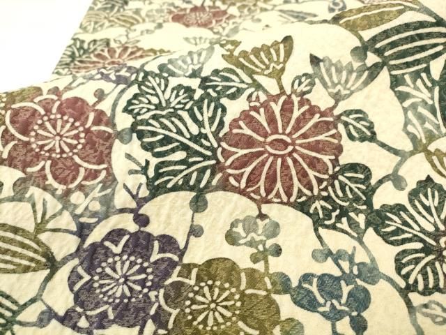 平和屋着物●両面両方向袋帯 型染め 草花文 跳兎 金通し地 正絹 逸品 AABN4474pf