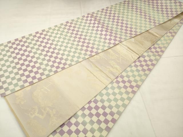 平和屋着物●両面全通柄袋帯 市松文様 風景文 金糸 正絹 逸品 AABN4475pf