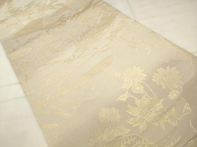 平和屋着物●両面全通柄袋帯 市松文様 風景文 金糸 正絹 逸品 AABN4475pf