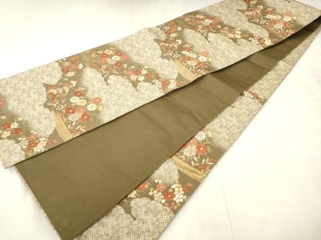 平和屋着物●六通柄袋帯 唐織 雲取り草花文 金糸 正絹 逸品 AABN4478pf