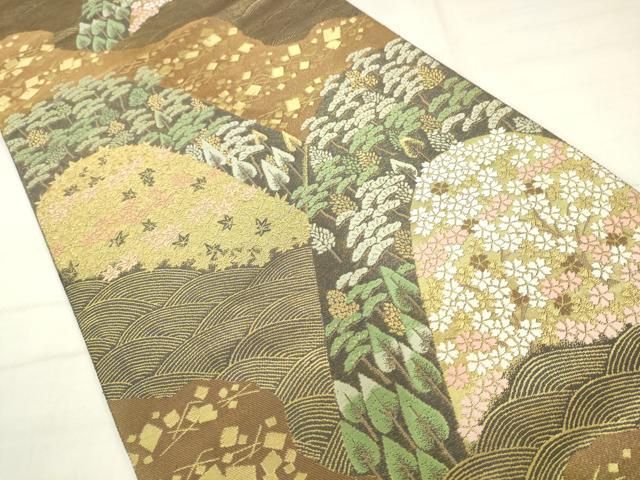 平和屋着物●西陣 服部織物謹製 六通柄袋帯 風景花文 金糸 正絹 逸品 AABN4479pf