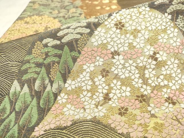 平和屋着物●西陣 服部織物謹製 六通柄袋帯 風景花文 金糸 正絹 逸品 AABN4479pf