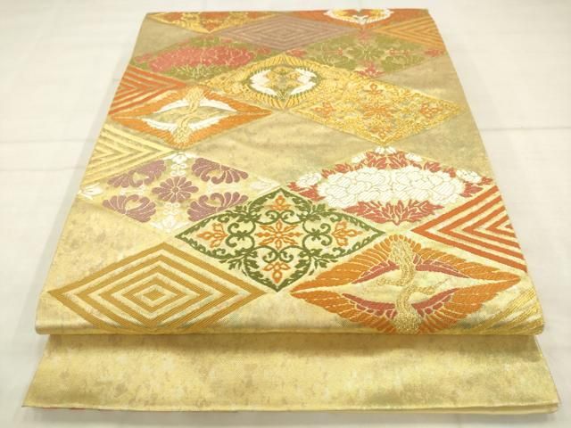 平和屋着物●西陣 川島織物 六通柄 本袋帯 双鶴花菱文 金糸 正絹 逸品 AABN4486pf