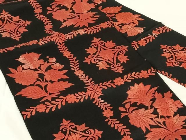 平和屋着物◎八寸名古屋帯 更紗花文 黒地 正絹 逸品 AABN5036dk