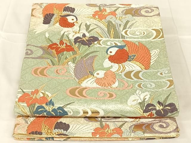 平和屋着物◎佐賀錦 六通柄袋帯 唐織 鴛鴦花文 金糸 正絹 逸品 AABN5037dk