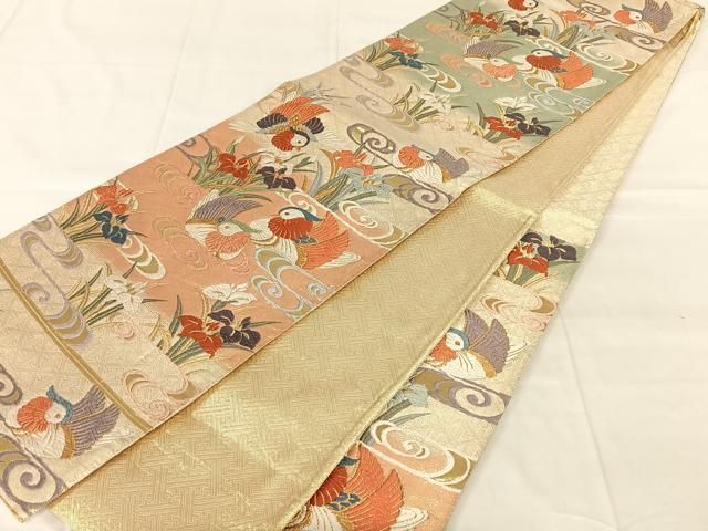 平和屋着物◎佐賀錦 六通柄袋帯 唐織 鴛鴦花文 金糸 正絹 逸品 AABN5037dk
