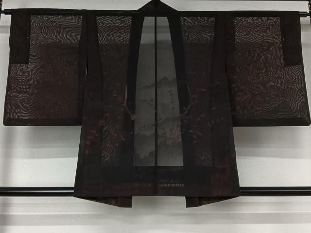 平和屋着物▽羽織 スリーシーズン 春夏秋 塵除け 風景枝葉文 黒地 正絹 逸品 AABN5066jh