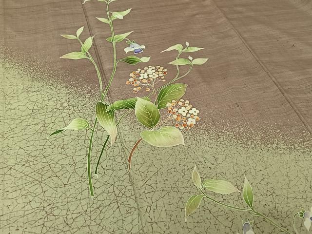 平和屋着物▽訪問着 単衣 紬地 作家物 草花文 金彩 正絹 逸品 AABN5076jh