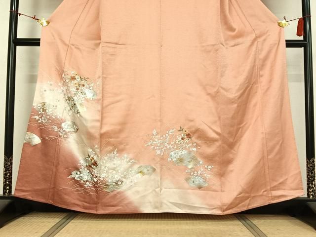 平和屋着物▽訪問着 単衣 刺繍 地紙花文 暈し染め 金銀彩 金糸 正絹 逸品 AABN5080jh