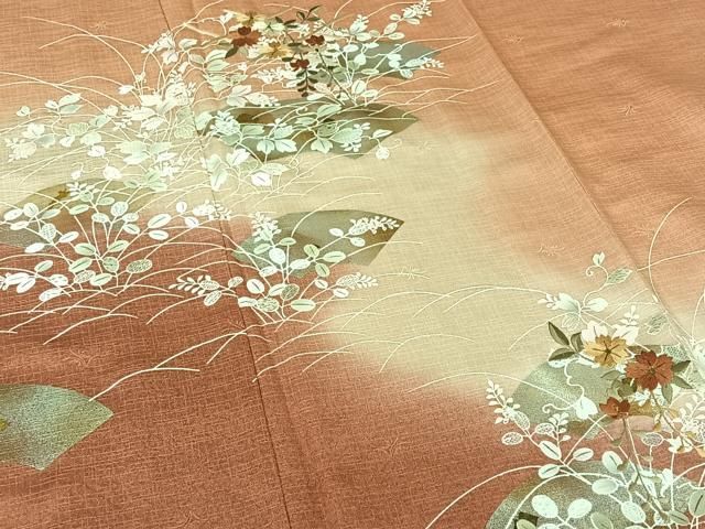 平和屋着物▽訪問着 単衣 刺繍 地紙花文 暈し染め 金銀彩 金糸 正絹 逸品 AABN5080jh