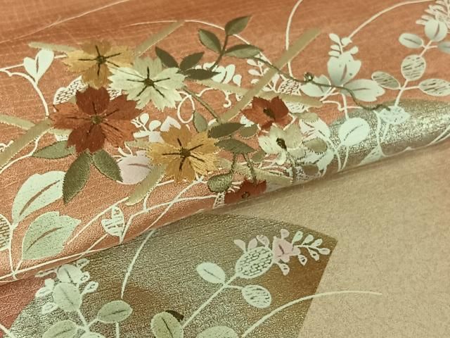 平和屋着物▽訪問着 単衣 刺繍 地紙花文 暈し染め 金銀彩 金糸 正絹 逸品 AABN5080jh