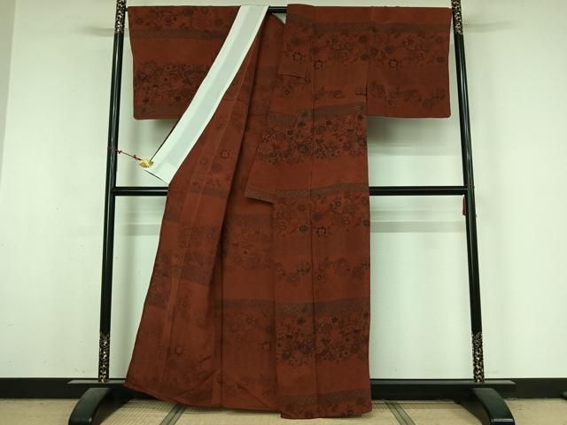 平和屋着物▽上質な小紋 単衣 横段更紗花文 鬼しぼ縮緬 正絹 逸品 AABN5083jh