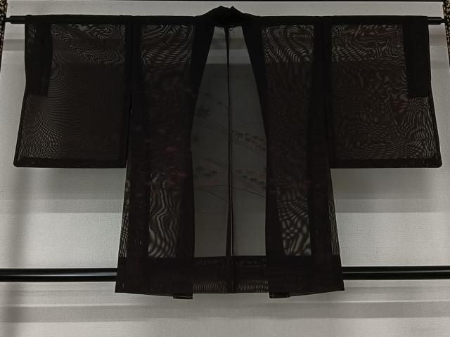 平和屋着物▽羽織 スリーシーズン 春夏秋 塵除け 流水笹の葉文 黒地 正絹 逸品 未使用 AABN5100jh