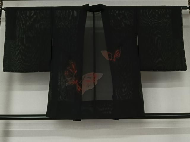 平和屋着物▽羽織 スリーシーズン 春夏秋 塵除け 舞蝶文 黒地 正絹 逸品 未使用 AABN5125jh