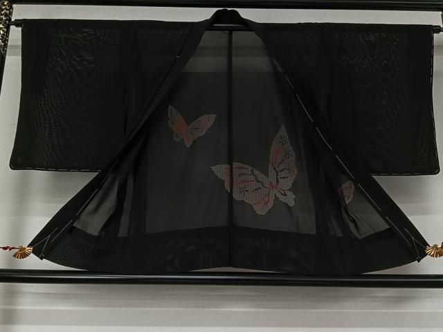 平和屋着物▽羽織 スリーシーズン 春夏秋 塵除け 舞蝶文 黒地 正絹 逸品 未使用 AABN5125jh