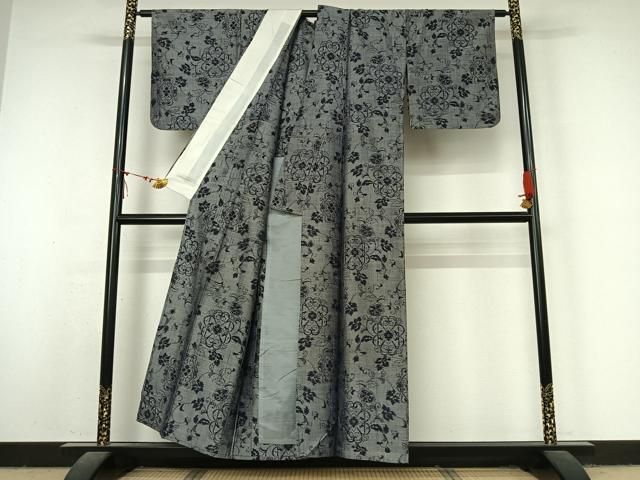 平和屋着物▽上質な紬 単衣 正倉院花唐草文 正絹 逸品 AABN5132jh