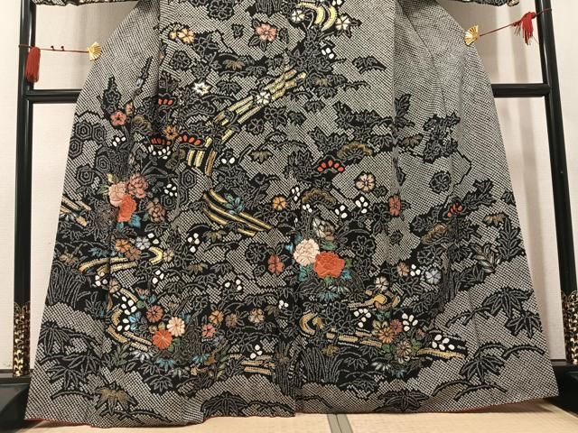 平和屋着物●訪問着 絞り 駒刺繍 流水花文 黒地 金彩 正絹 逸品 AABN5218ph