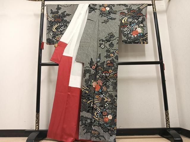 平和屋着物●訪問着 絞り 駒刺繍 流水花文 黒地 金彩 正絹 逸品 AABN5218ph