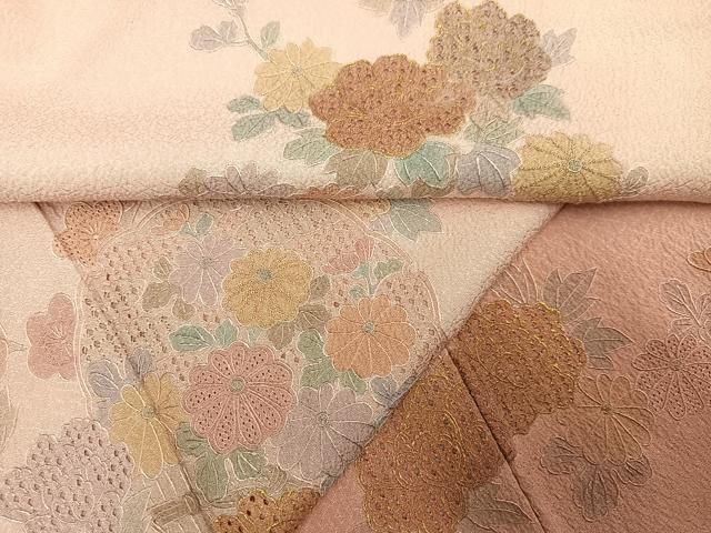 平和屋着物●中国三大刺繍 スワトウ刺繍 汕頭刺繍 総刺繍 訪問着 雪輪花文 暈し染め 金糸 正絹 逸品 未使用 AABN5252ph