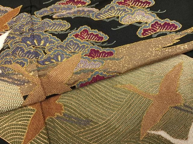 平和屋着物●中国三大刺繍 相良刺繍 総刺繍 黒留袖 群れ鶴浜松宝尽くし 正絹 逸品 AABN5264ph
