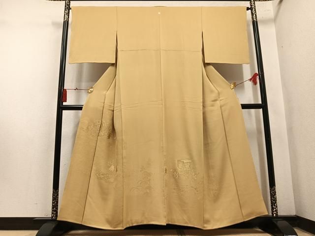 平和屋着物●中国三大刺繍 汕頭刺繍 スワトウ刺繍 色留袖 御所車人物草花文 色無地 枯色 正絹 逸品 AABN5266ph