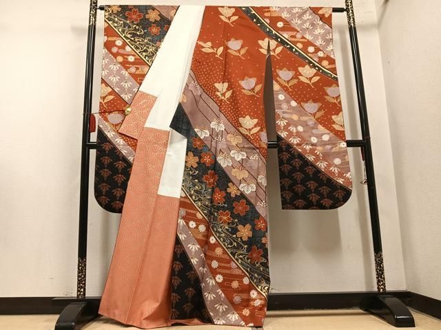 平和屋着物●豪華振袖 駒刺繍 草花文 金彩 正絹 逸品 AABN5279ph