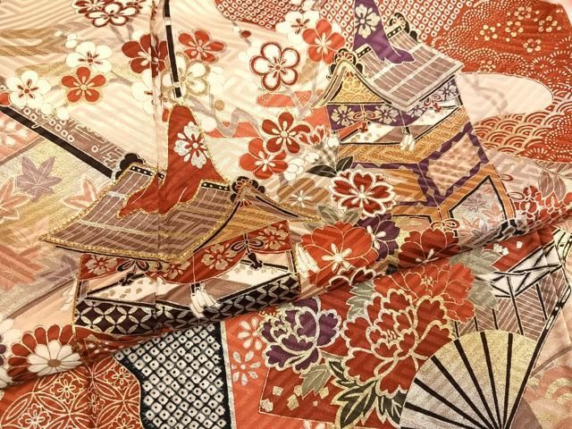 平和屋着物●豪華振袖 駒刺繍 扇面山車花文 暈し染め 金彩 正絹 逸品 AABN5324ph