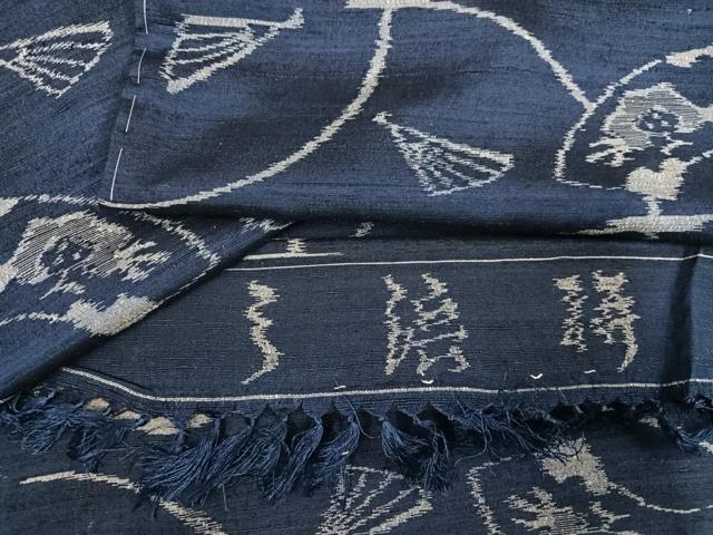 平和屋着物●弓浜絣 地紙扇文 反端付き 正絹 逸品 未使用 AABN5334ph