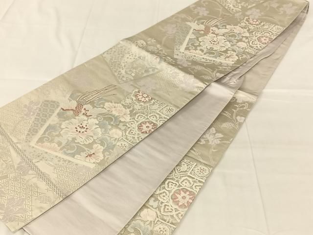 平和屋着物◎六通柄袋帯 唐織 鳳凰更紗花文 銀糸 正絹 逸品 AABN5366dk
