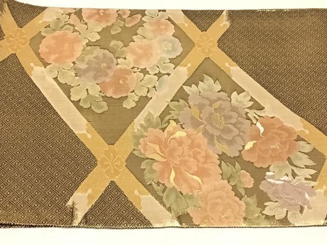 平和屋着物◎佐賀錦 太鼓柄袋帯 草花文 金糸 正絹 逸品 AABN5373dk
