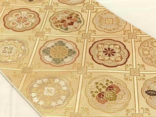 平和屋着物◎六通柄袋帯 花格子 金糸 正絹 逸品 AABN5390dk