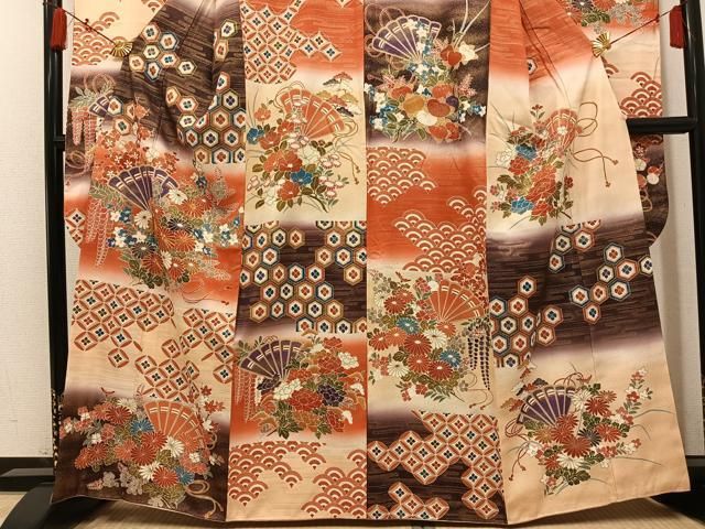 平和屋着物●豪華振袖 駒刺繍 檜扇吉祥花文 暈し染め 金彩 正絹 逸品 AABN5733ph