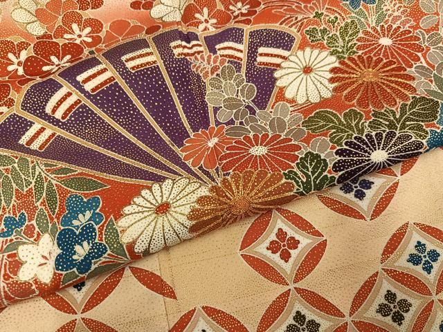 平和屋着物●豪華振袖 駒刺繍 檜扇吉祥花文 暈し染め 金彩 正絹 逸品 AABN5733ph