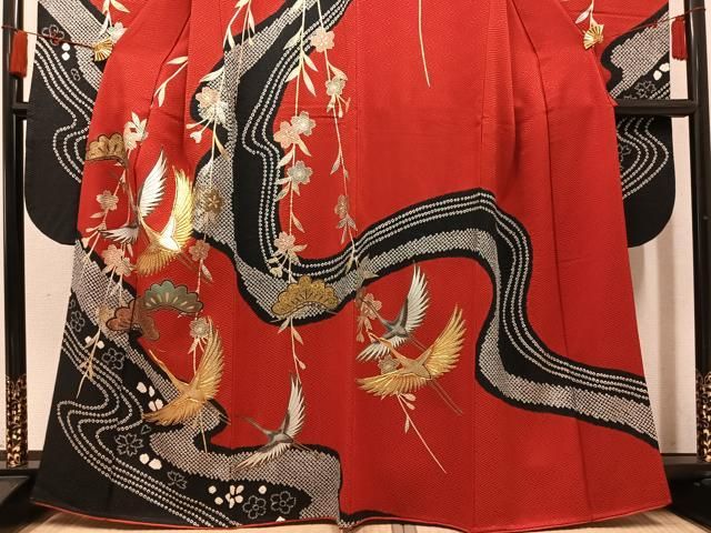 平和屋着物●豪華振袖 絞り 駒刺繍 群れ鶴草花文 金銀彩 正絹 逸品 AABN5734ph