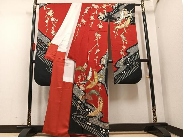平和屋着物●豪華振袖 絞り 駒刺繍 群れ鶴草花文 金銀彩 正絹 逸品 AABN5734ph