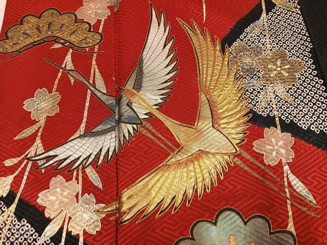 平和屋着物●豪華振袖 絞り 駒刺繍 群れ鶴草花文 金銀彩 正絹 逸品 AABN5734ph